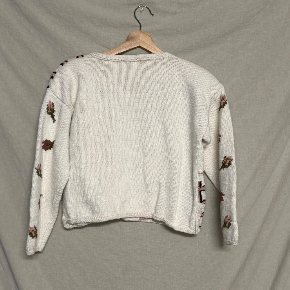 Jennifer Reed Vintage Knitted by Hand Floral Ramie Cotton Sweater Women's S